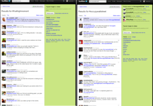 Twitter search for #OccupyWallStreet and #ThatHighMoment Justaposed