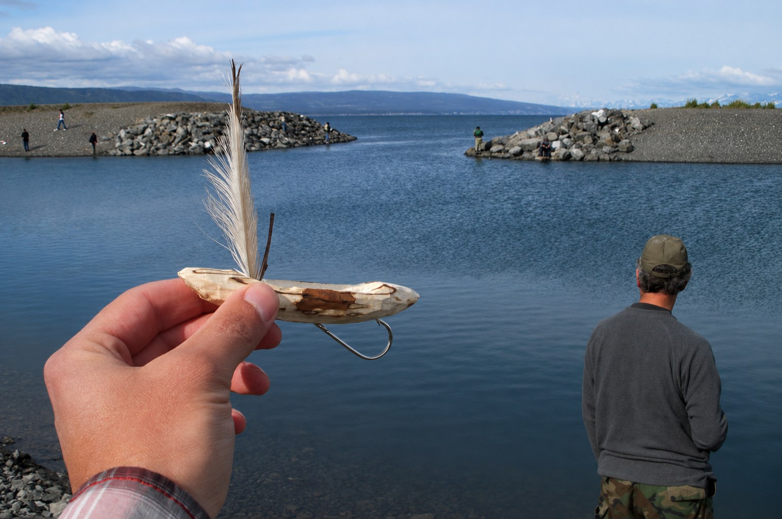A hand-carved wooden boat with a feather sail, held up at the shore in Alaska