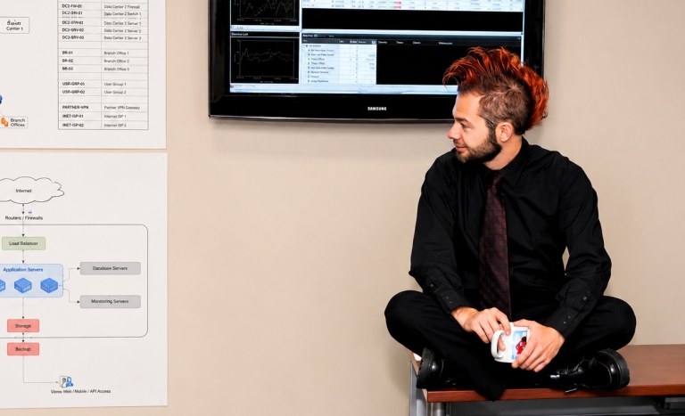 Scott with a mohawk in front of system diagrams